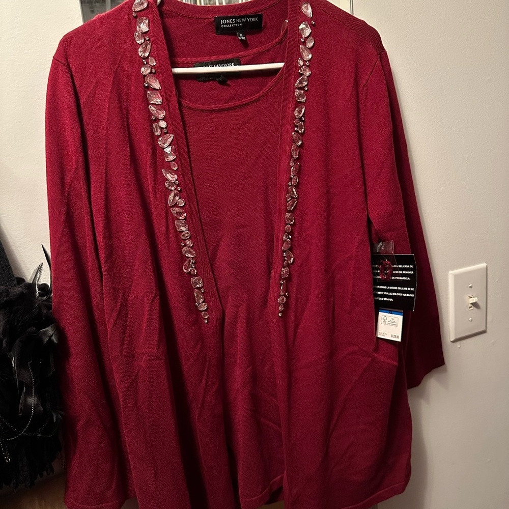 Jones New York Cabernet Cardigan with Crystal Accents and Matching Tank